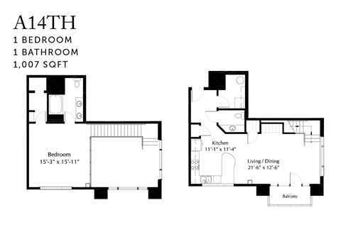 Floor plan for 1 bed, 1.5 baths, 1007 sqft